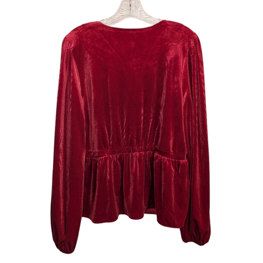 Old Navy Red Velvet Blouse V Neck Peplum Button Down Holiday Long Sleeve - Picture 3 of 3